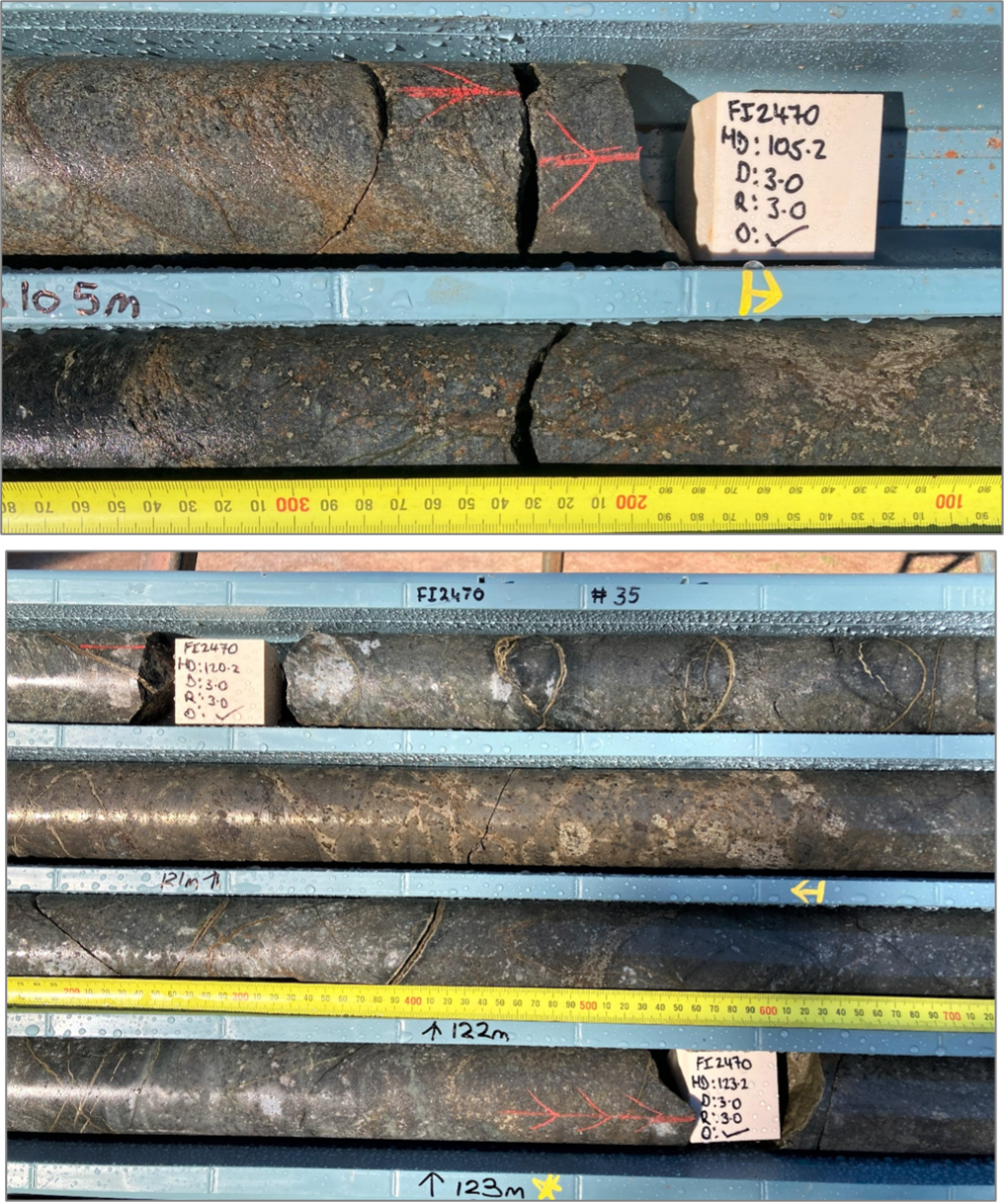 Stringer and heavy disseminated sulphides at 105 metres in FI2470 (upper photo). Massive and strongly disseminated sulphide mineralisation at 121 – 123 metres in FI2470 (lower photo)
