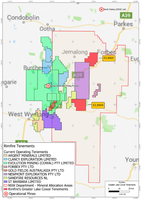 Detailed Location Map of Rimfire Greater Lake Cowal Exploration Licences in Central NSW